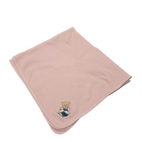 Vintage Baby Girl BJT Blue Jean Teddy Pink Waffle Knit Blanket | 32 x 29 Inches - Picture 1 of 6